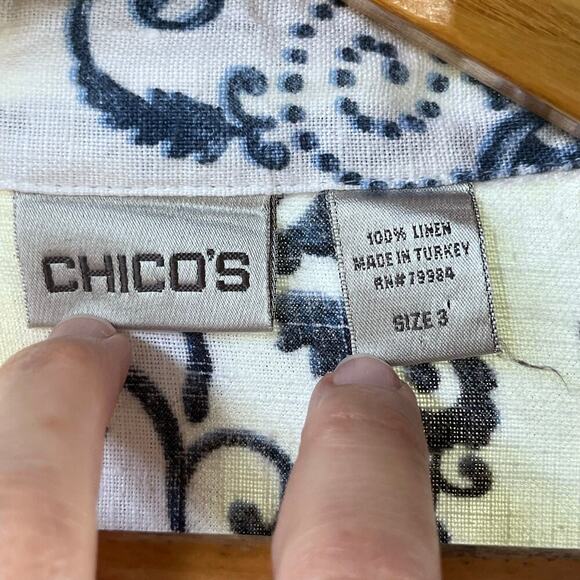 Chico's Women's White And Blue 100% Linen Paisley Print Top Size 3 (XL) - Picture 8 of 9